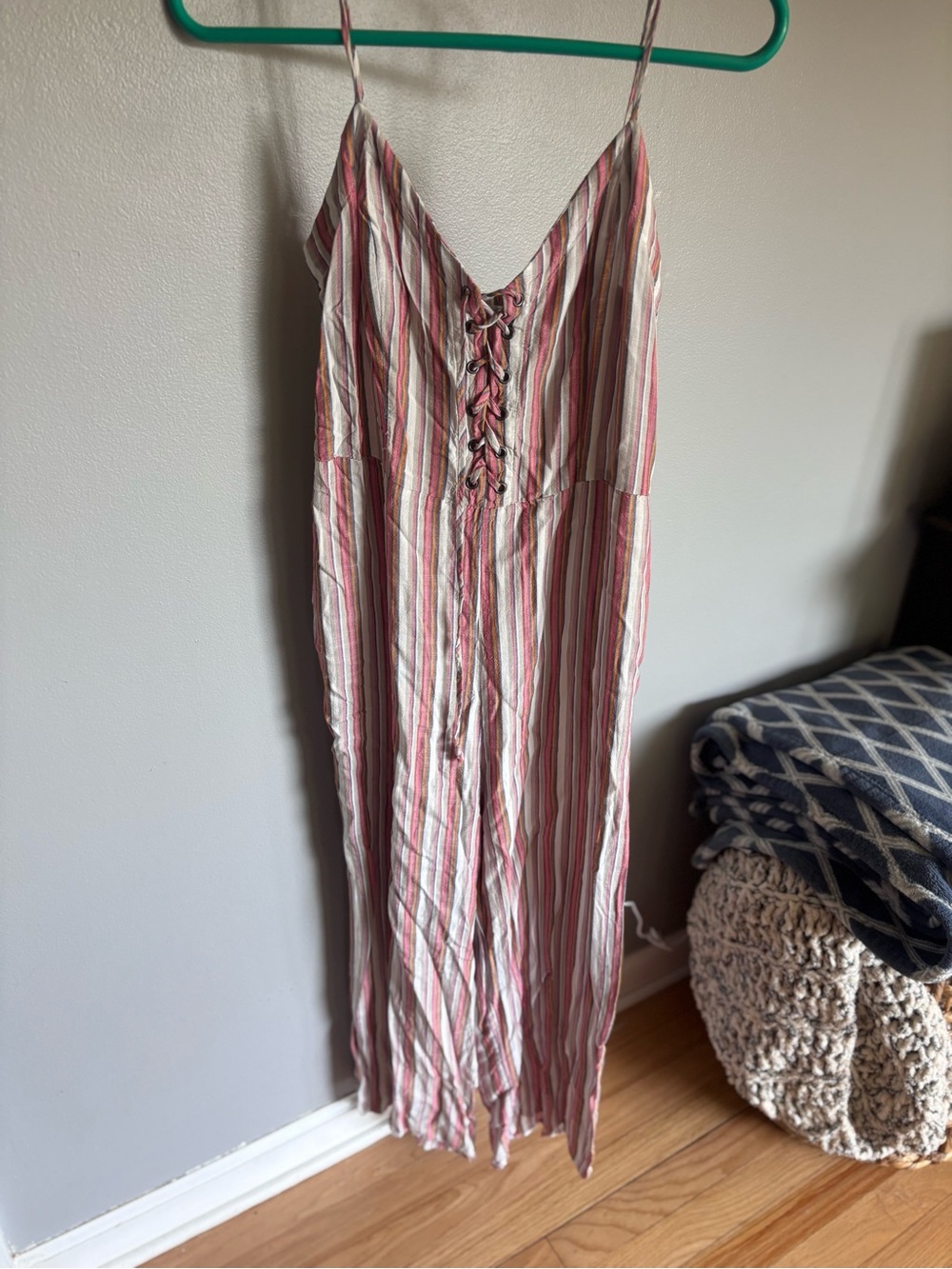 Striped Lace-Up Spaghetti Strap Jumpsuit - Pink & Cream